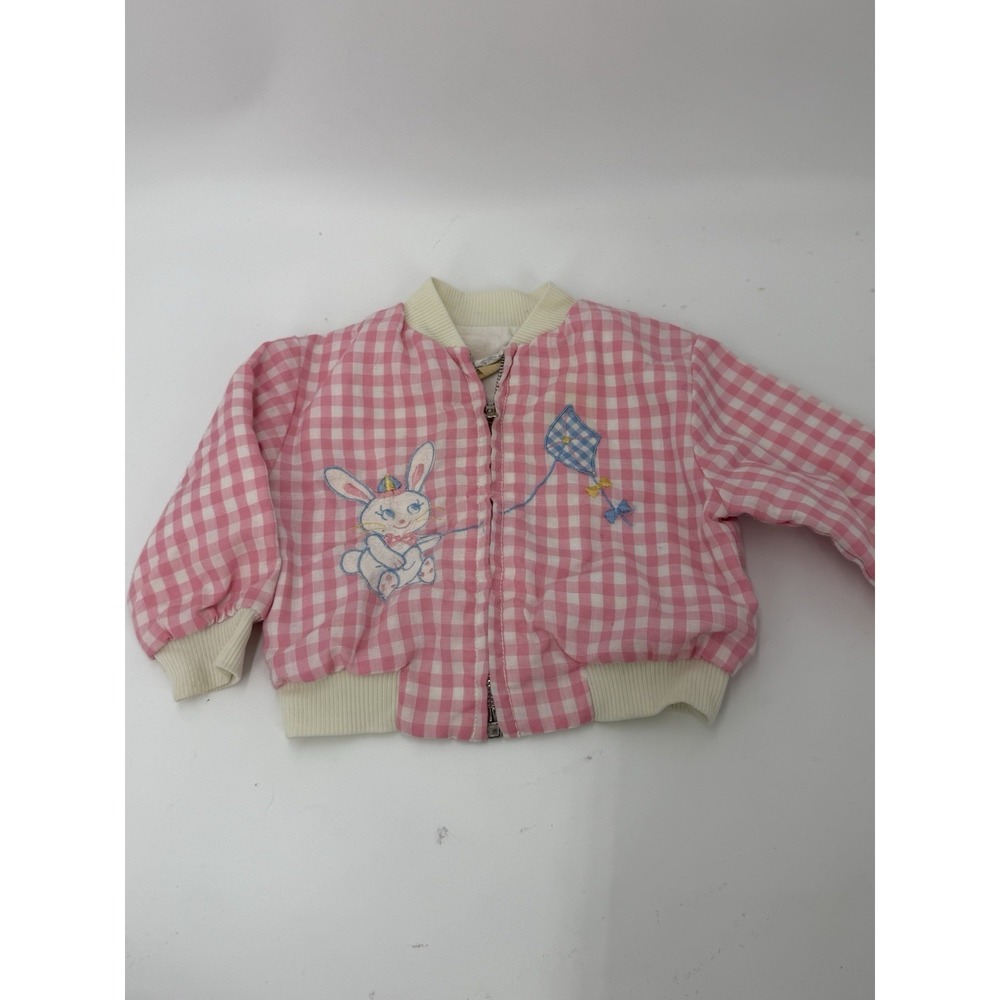 Vtg Toddler Jacket Pink & White Gingham Zip Windbreaker W/ Embroidered Bunny‎